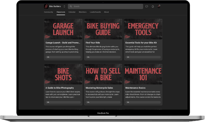 Mobile app interface showing bike building guides